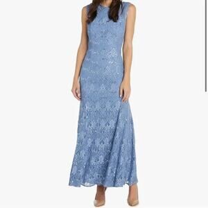 Elegant Lace Sequin Maxi Dress Evening Gown R&M Richards Blue Women’s 10 Medium
